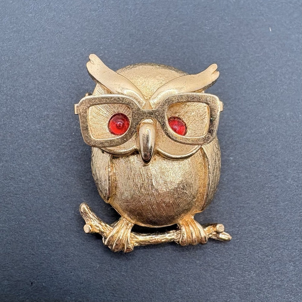 Vintage Sarah Coventry Owl Movable Articulated Glasses Red Rhinestone Brooch